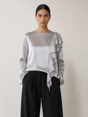 TOME NYC Silver Silky Ruffle Blouse \\ L